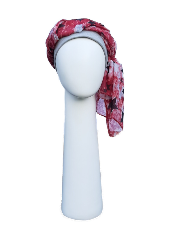 Top Tio grey & scarf stars red - chemo hat / alopecia headwear