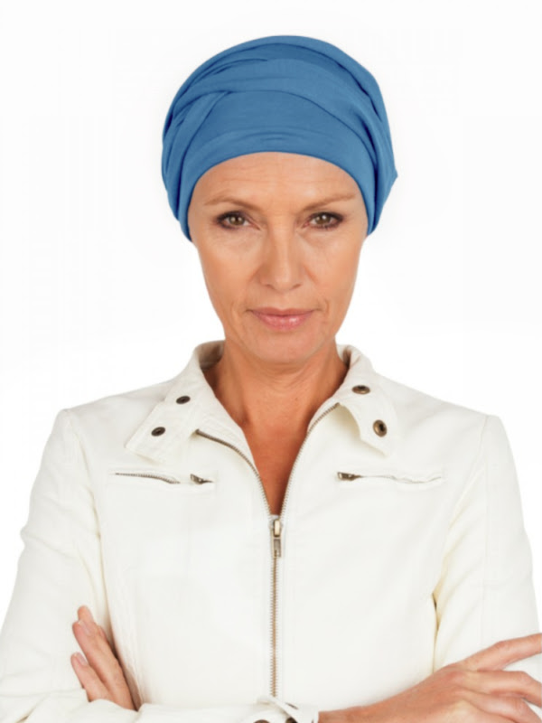 Top PLUS blauw - chemo mutsje / alopecia vrouwen - van Mooihoofd