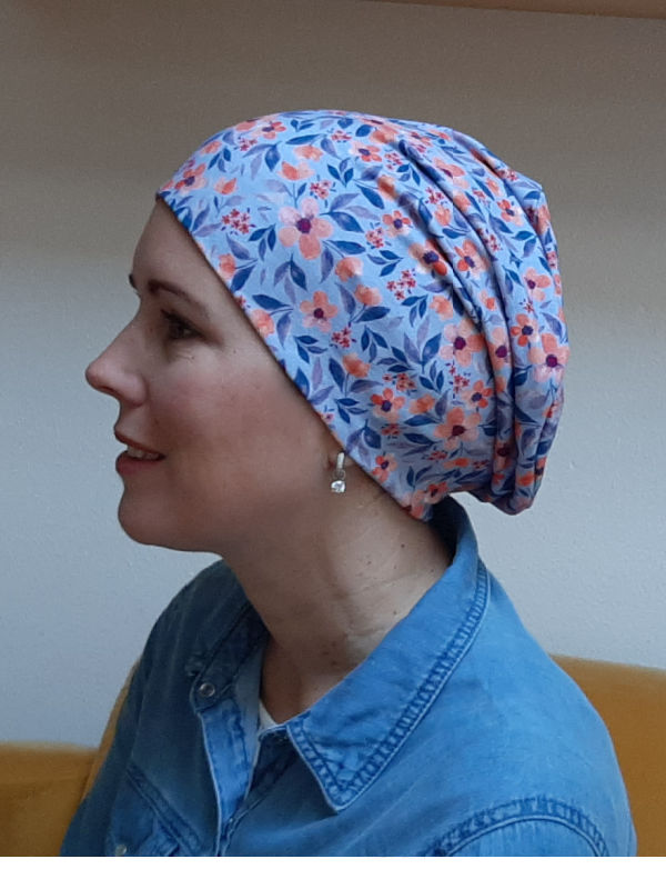 Top Tio Flowers Rusty/Blue - chemo hat / alopecia hat