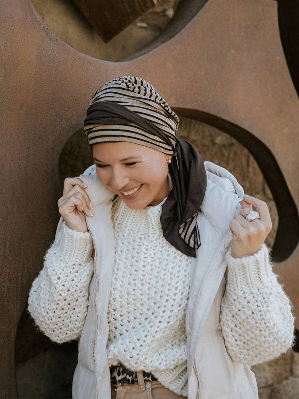 Headscarf Doris glowing - striped caramel - chemo headwear / alopecia headscarf