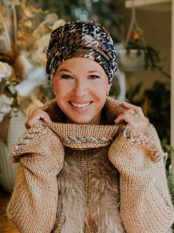 Mutsje Lucia Pixelated Melange - chemo mutsje / alopecia hoofdbedekking Hippe chemo mutsjes winkel - Mutsje Lucia Pixelated Melange - chemo muts winter