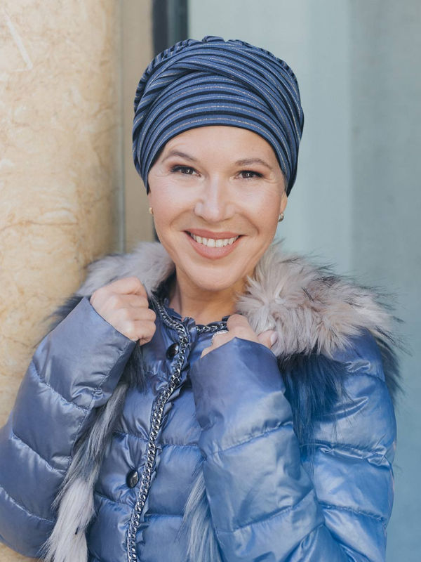 Hat Lucia - Glowing striped blue - chemo hat / alopecia headwear