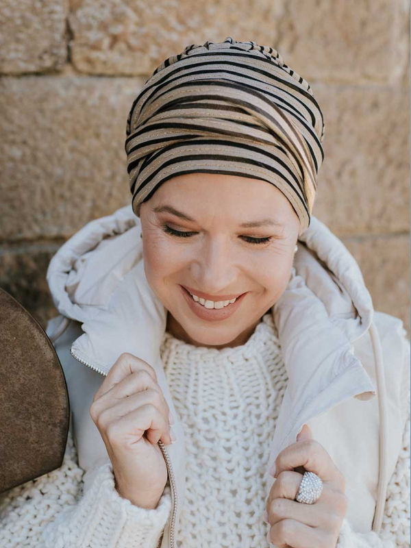 Hat Lucia - Glowing striped caramel - chemo hat / alopecia headwear