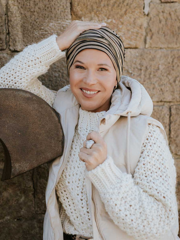Hat Lucia - Glowing striped caramel - chemo hat / alopecia headwear